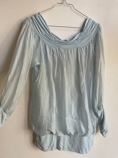 Vintage Pastel Blue Silk Blouse, Sheer Off-Shoulder Top