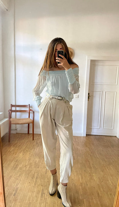 Vintage Pastel Blue Silk Blouse, Sheer Off-Shoulder Top