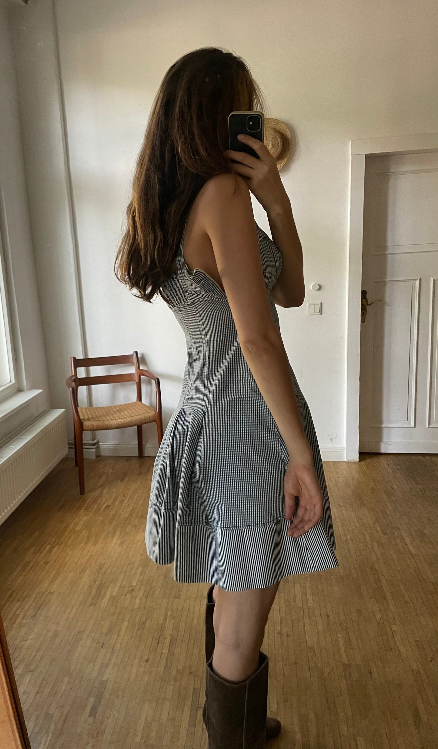 Sportmax Code vintage blue and white summer dress, Designer mini dress, Elegant sweetheart dress, Pleated dress, S