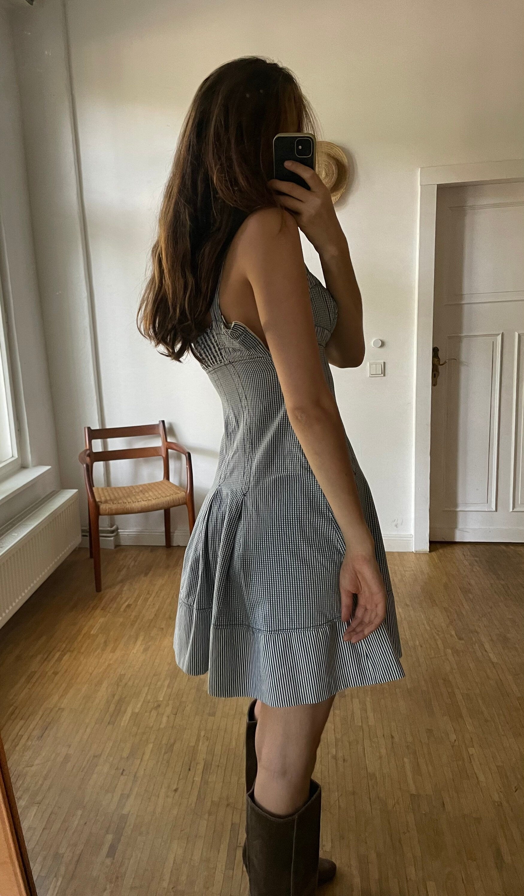 Sportmax Code vintage blue and white summer dress, Designer mini dress, Elegant sweetheart dress, Pleated dress, S