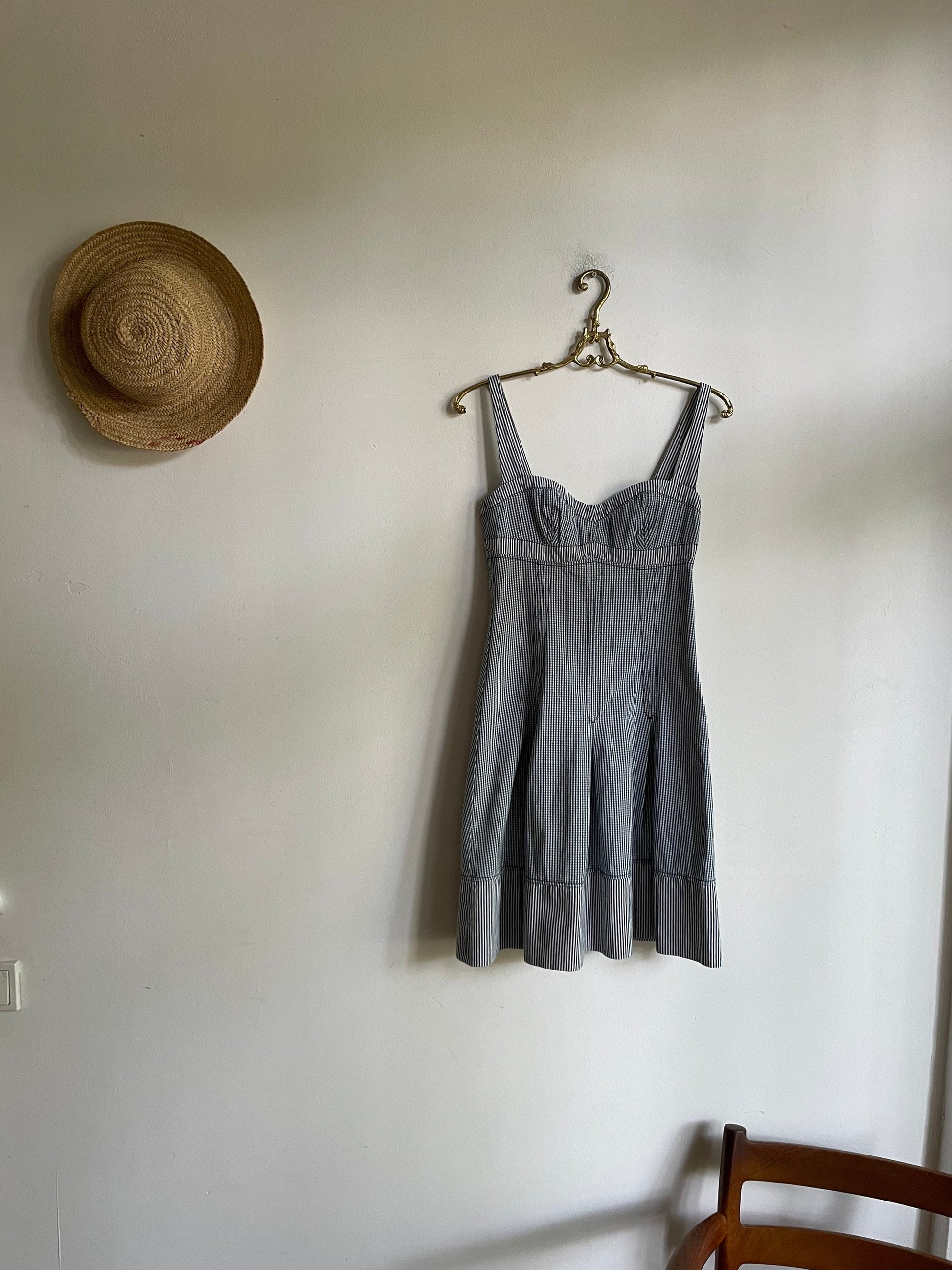 Sportmax Code vintage blue and white summer dress, Designer mini dress, Elegant sweetheart dress, Pleated dress, S