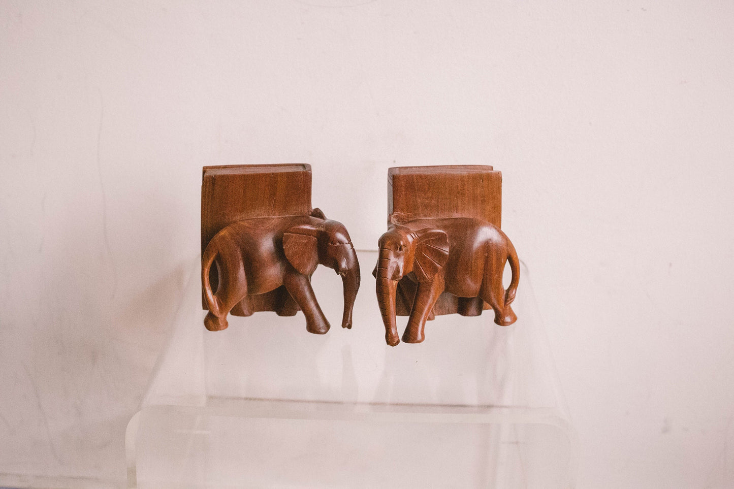 Wooden Elephant bookends, Vintage boheme home decor, Boho brown bookshelf decoration