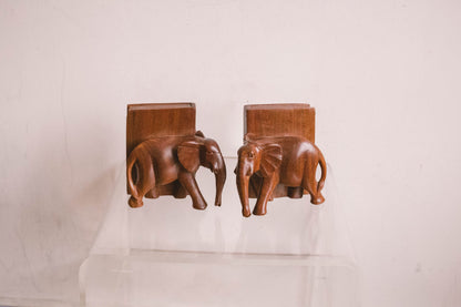 Vintage Boho Wooden Elephant Bookends — back view