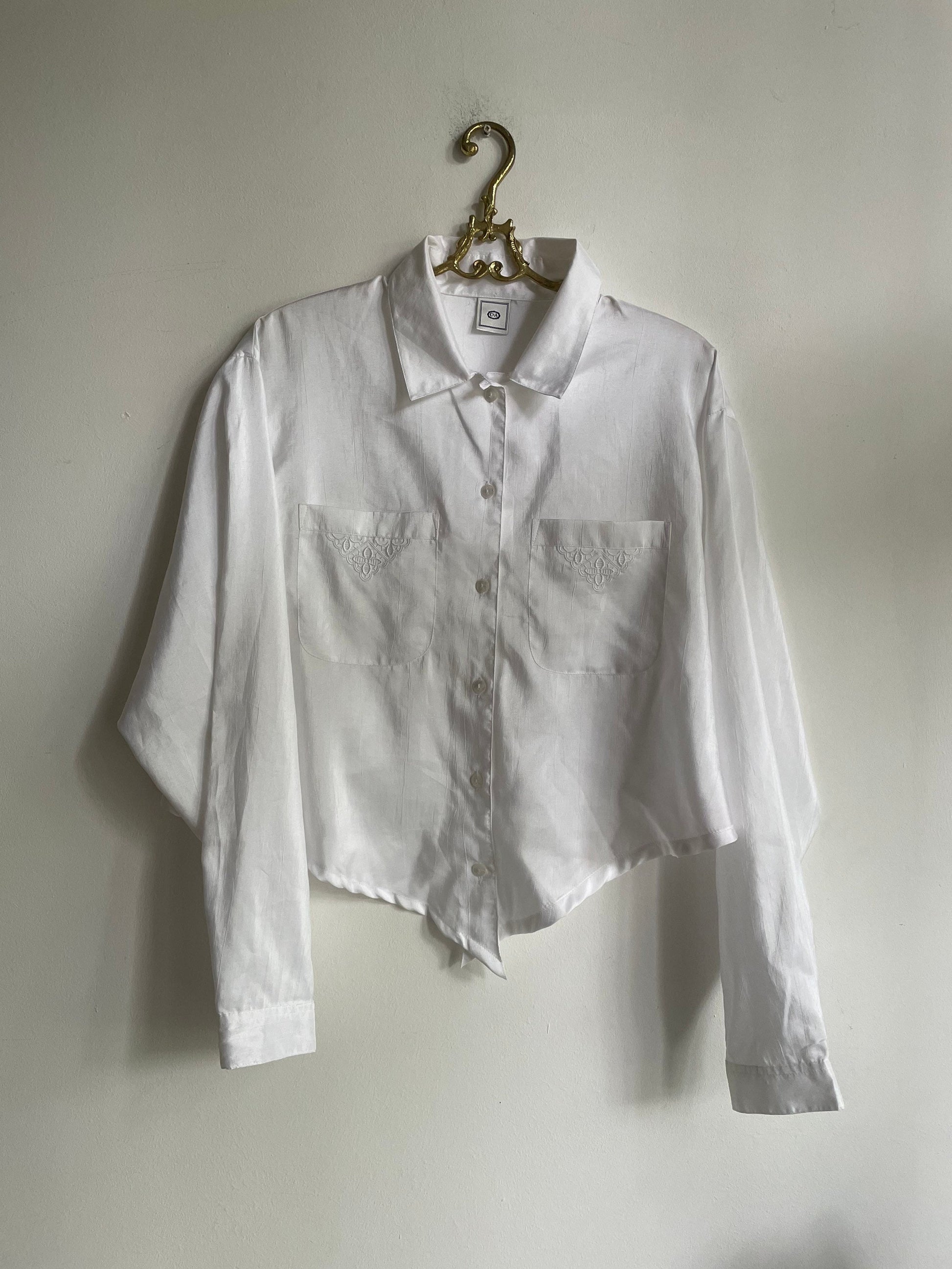 Vintage white asymmetric blouse, White cottage-core knot tie shirt, Romantic summer top, Oversized woman blouse, XXL