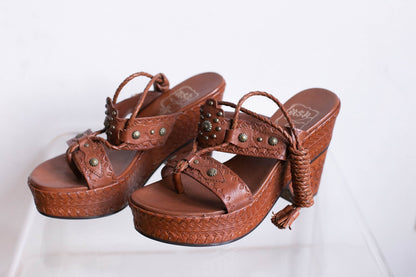 Vintage Floral Studded Leather Platform Sandals — fabric close-up