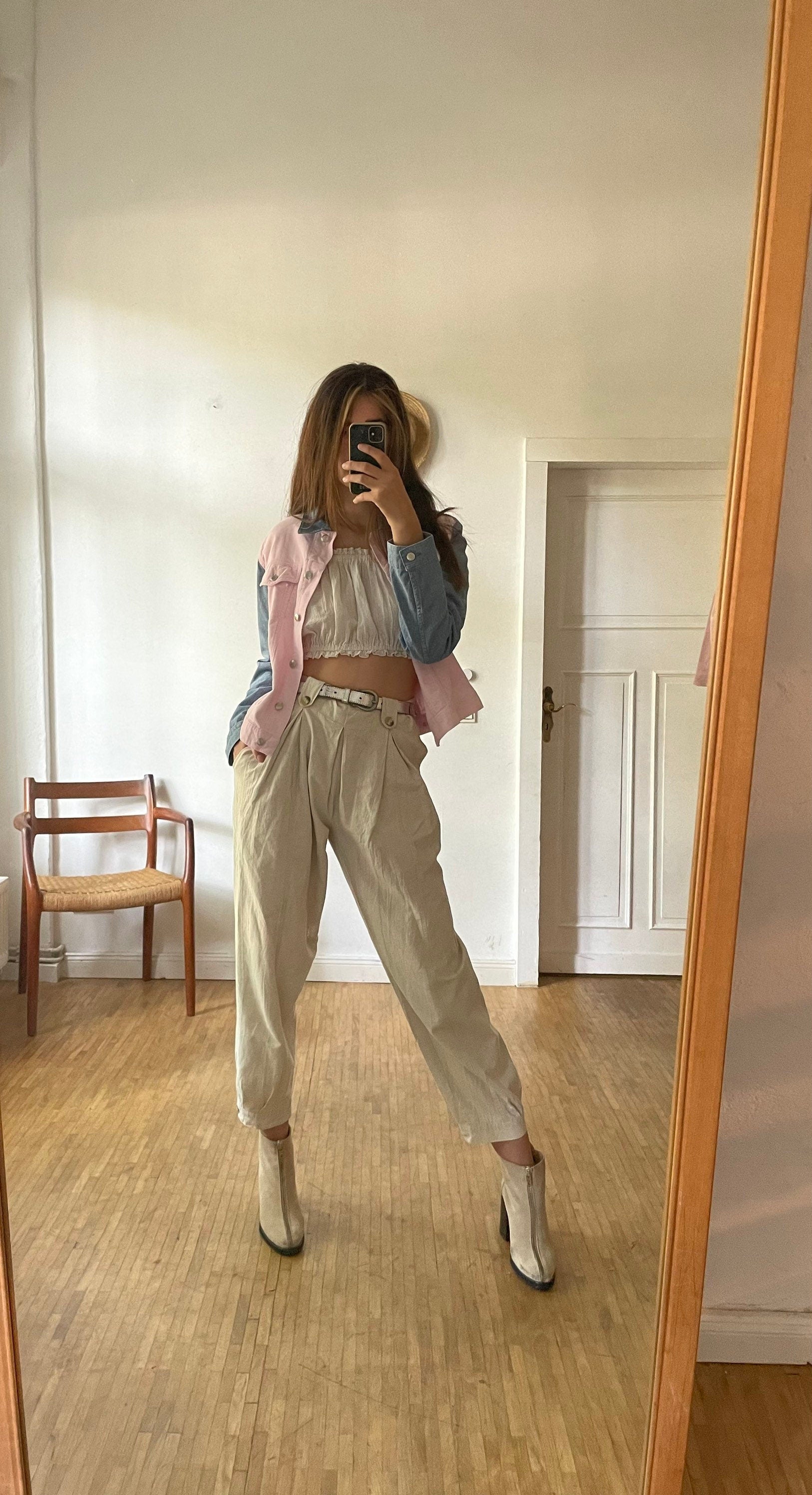 Escada sport denim jacket, Baby pink and light blue summer coat, Vintage high end statement piece, Y2K oversized jeans jacket, M-L