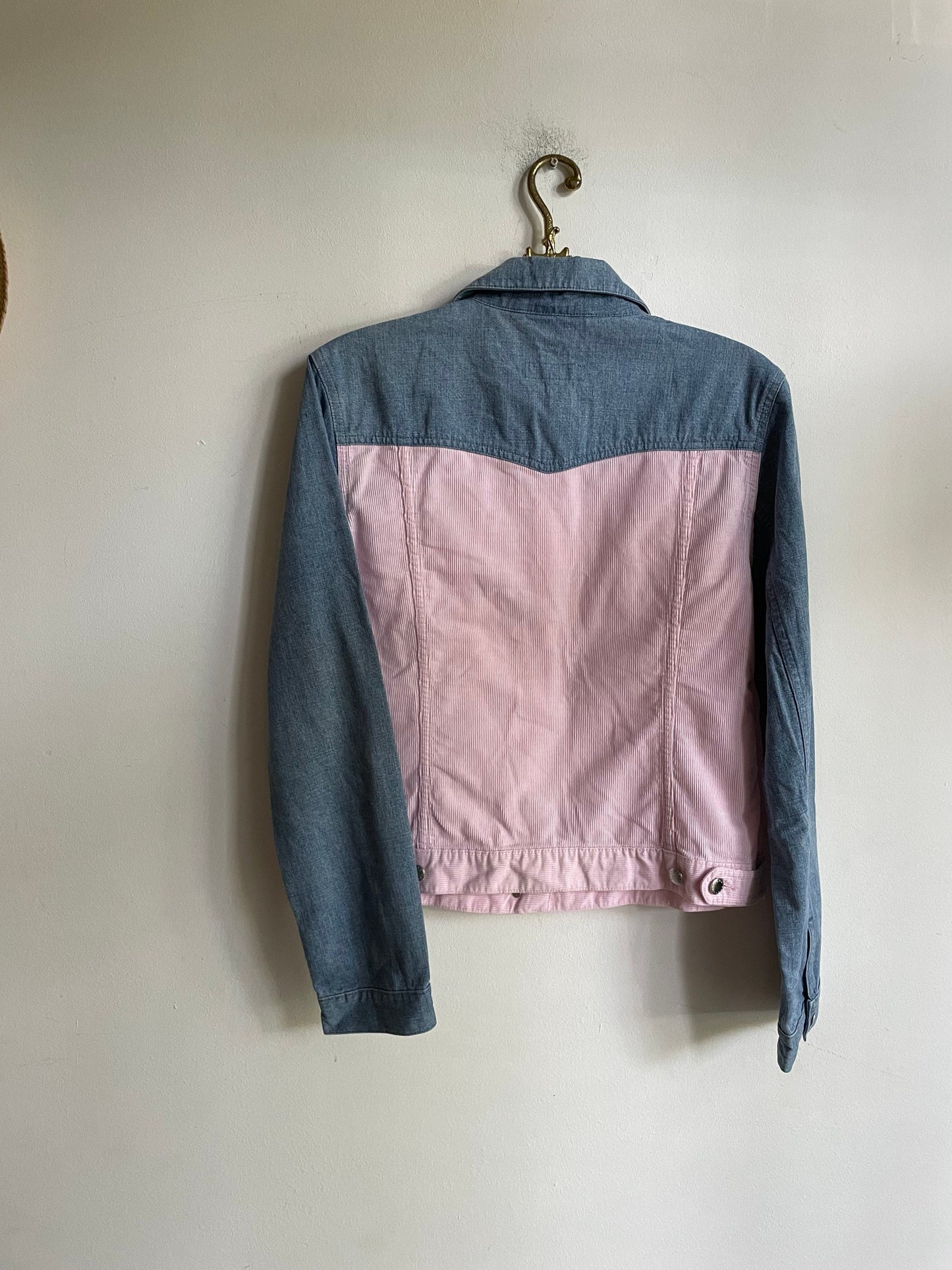 Escada sport denim jacket, Baby pink and light blue summer coat, Vintage high end statement piece, Y2K oversized jeans jacket, M-L