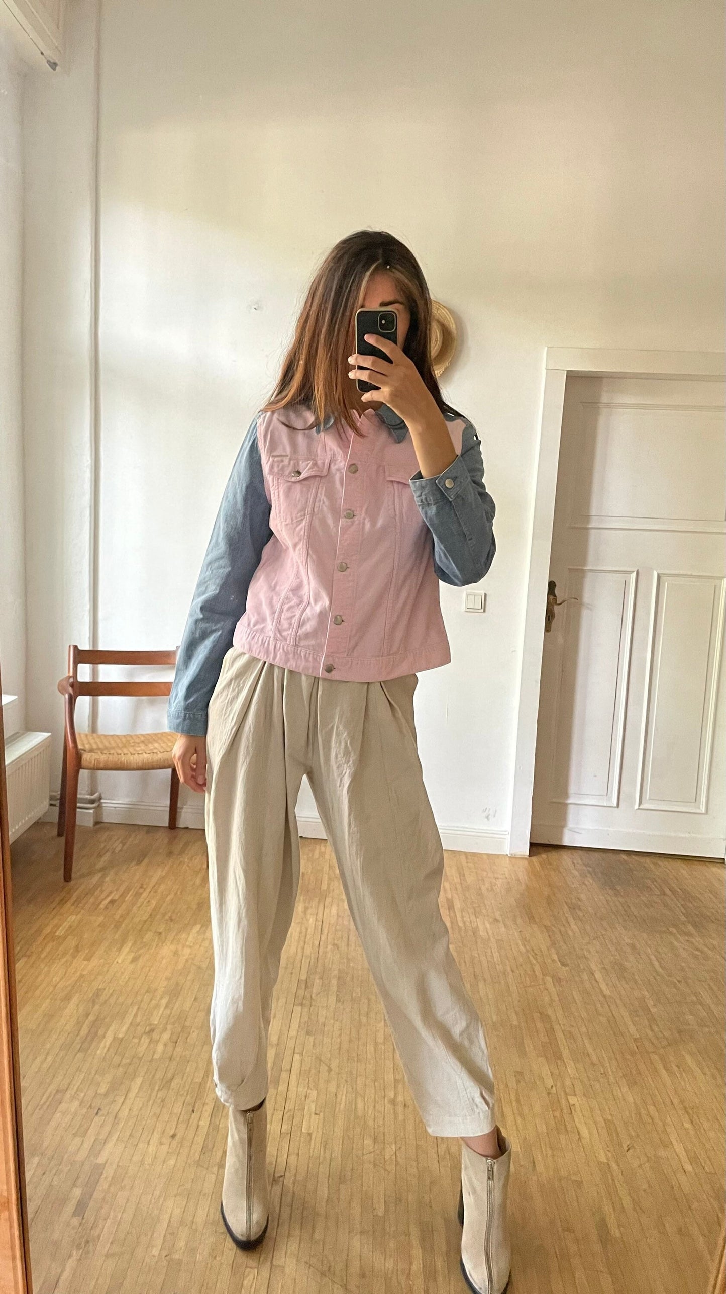 Escada sport denim jacket, Baby pink and light blue summer coat, Vintage high end statement piece, Y2K oversized jeans jacket, M-L