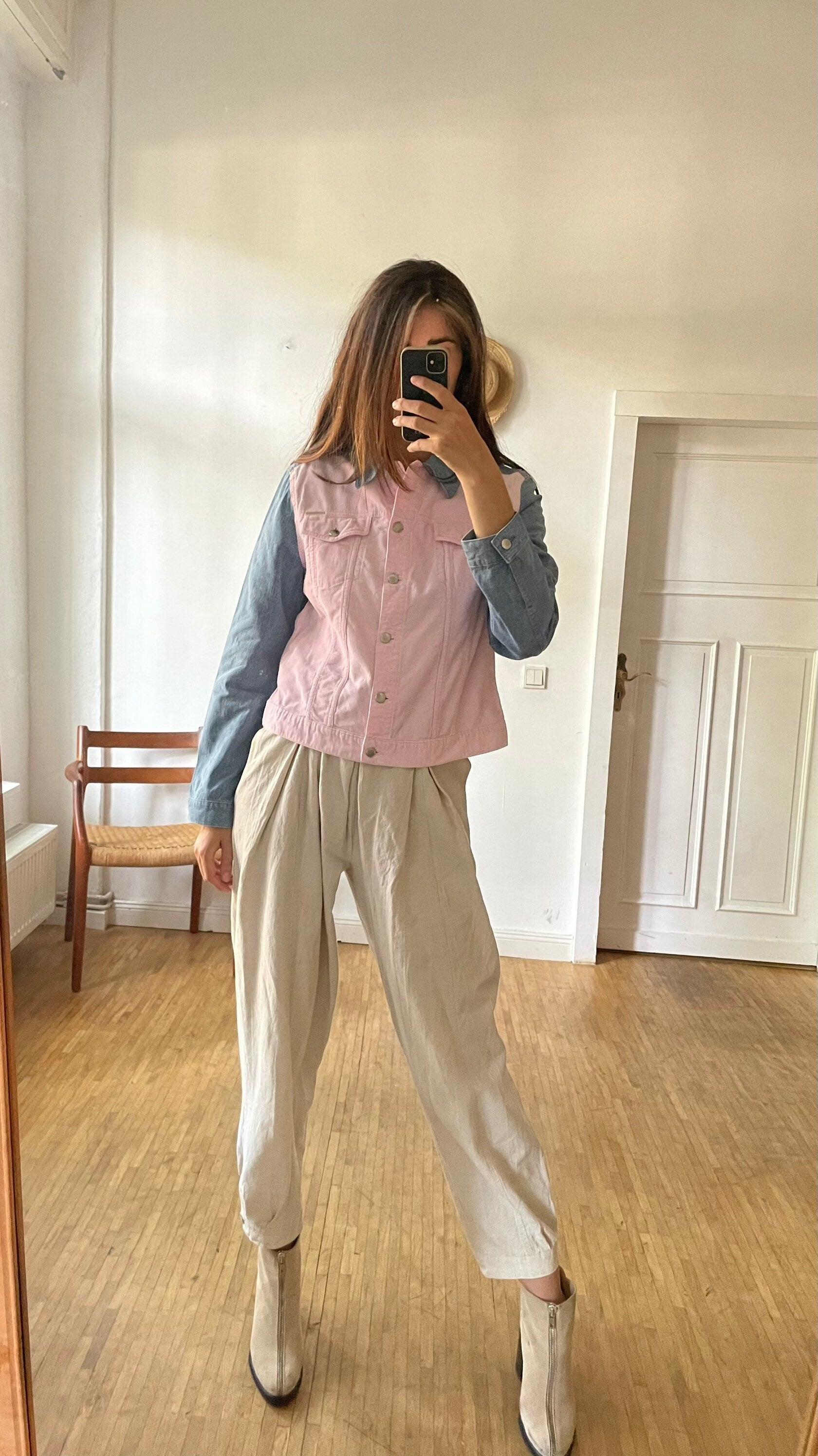 Escada sport denim jacket, Baby pink and light blue summer coat, Vintage high end statement piece, Y2K oversized jeans jacket, M-L