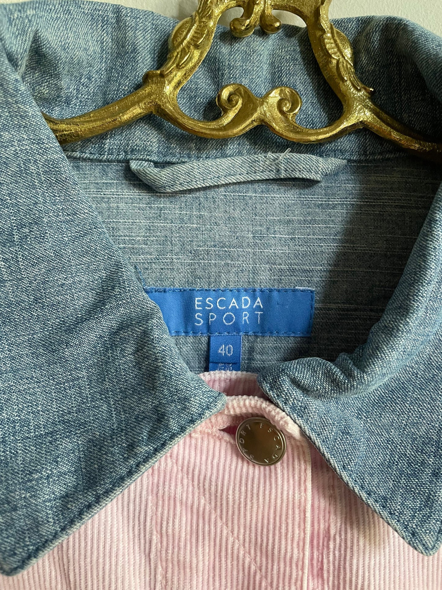 Escada sport denim jacket, Baby pink and light blue summer coat, Vintage high end statement piece, Y2K oversized jeans jacket, M-L