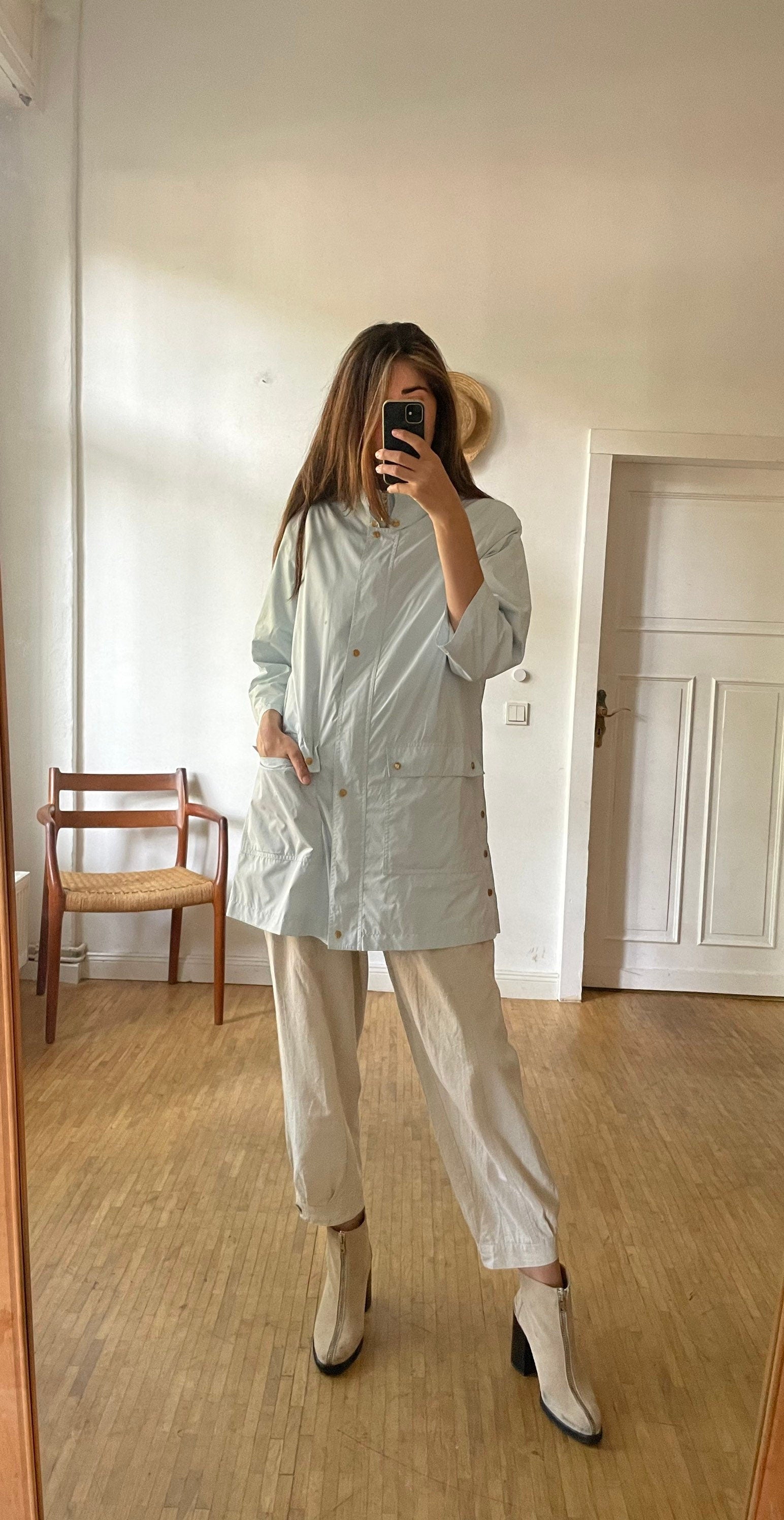 Vintage Cassani Light Blue Trench Coat – Minimalist Spring Jacket – Size EU 36