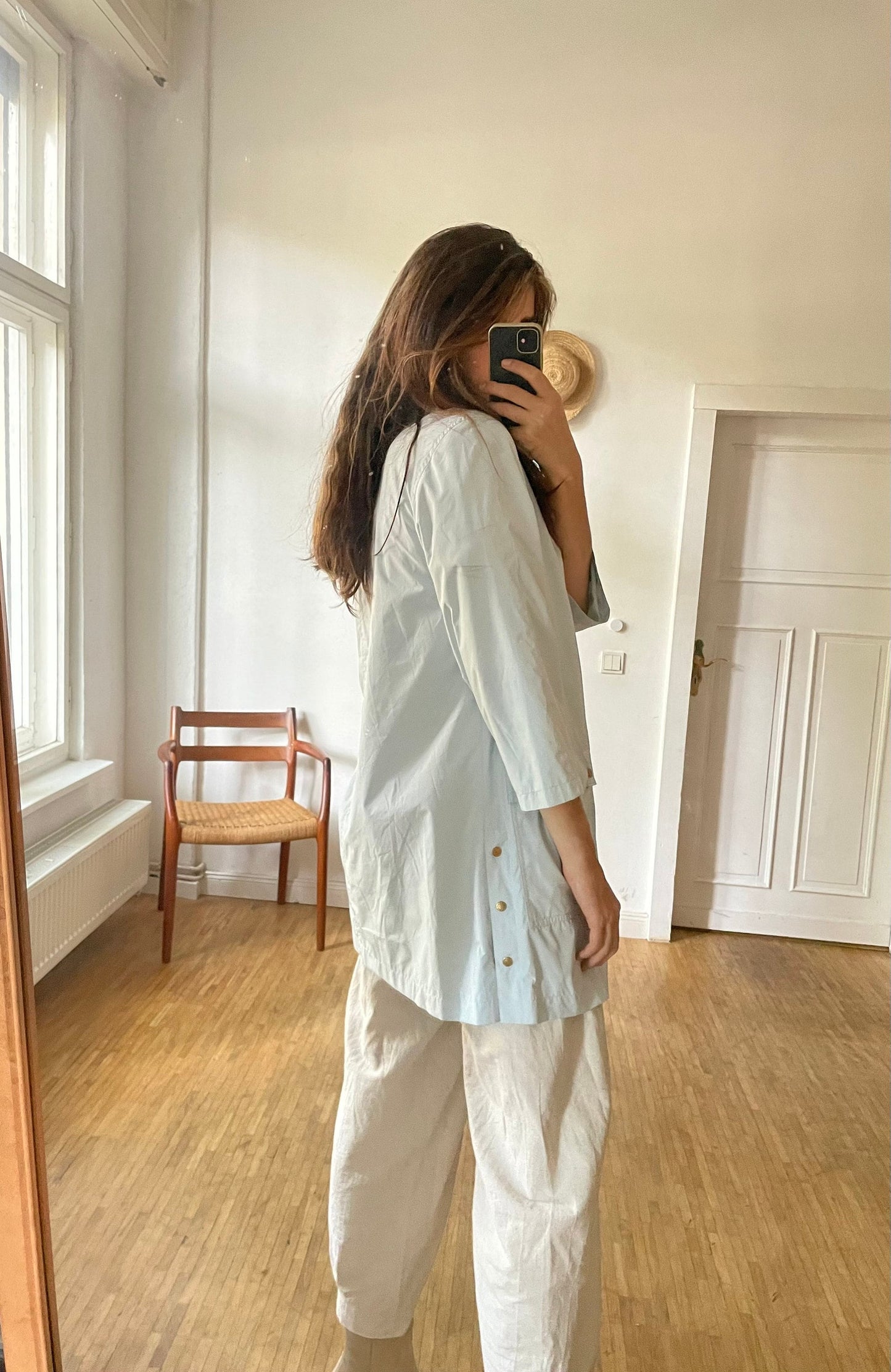 Vintage Cassani Light Blue Trench Coat – Minimalist Spring Jacket – Size EU 36