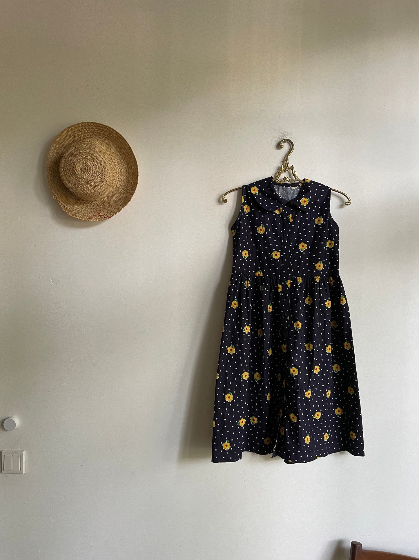 Handmade vavy blue floral dress, Vintage girl clothing, Sustainable Retro wear,