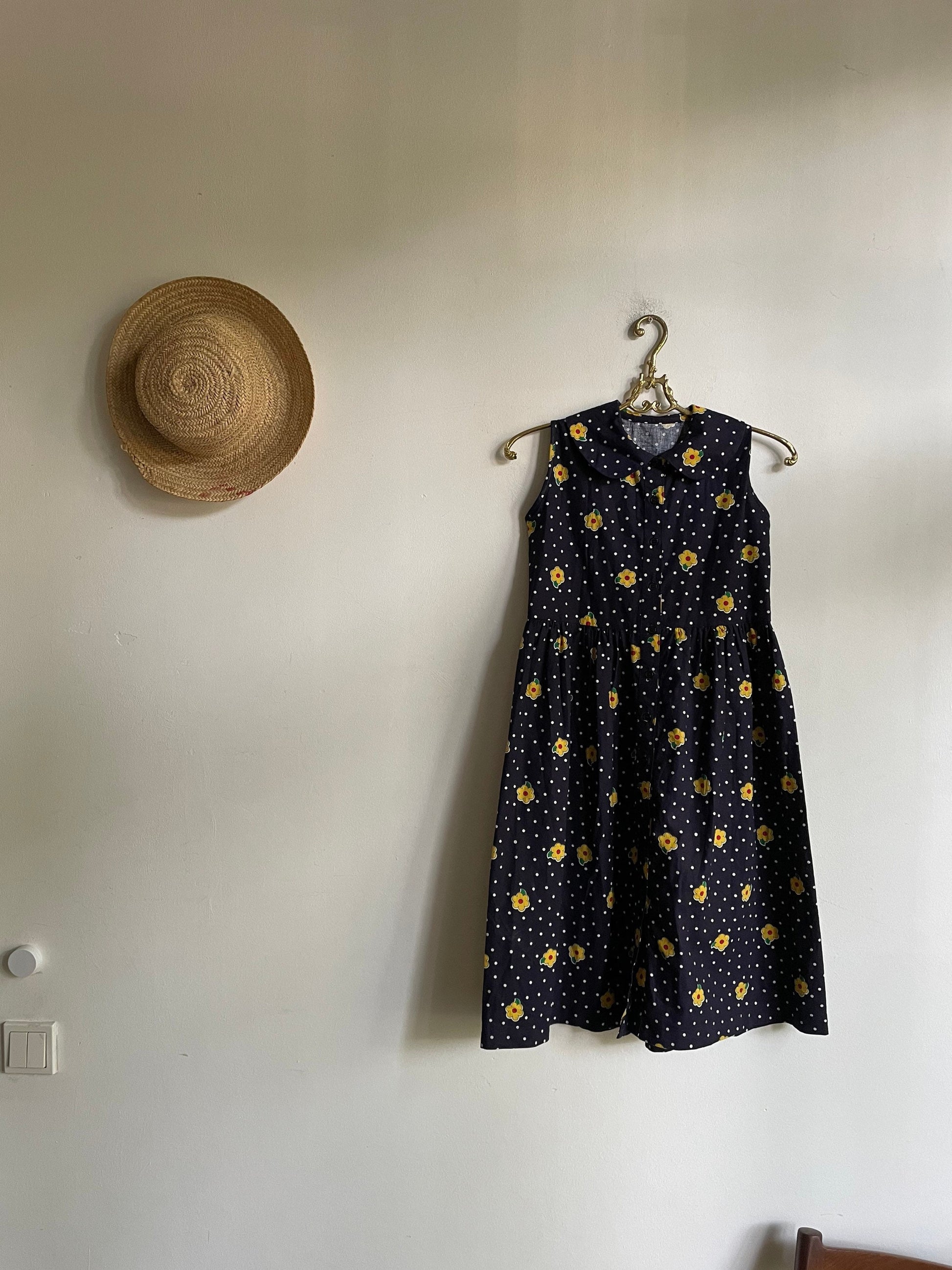 Handmade vavy blue floral dress, Vintage girl clothing, Sustainable Retro wear,