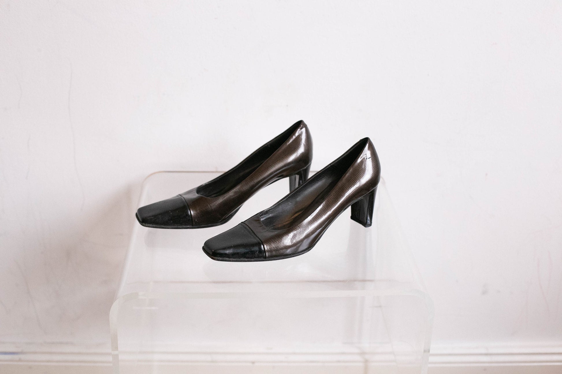 Vintage Franco Visconti High Heels, Dark Grey Leather Designer Shoes EU 38, Elegant Squared Toe Pumps with 6 cm Heel