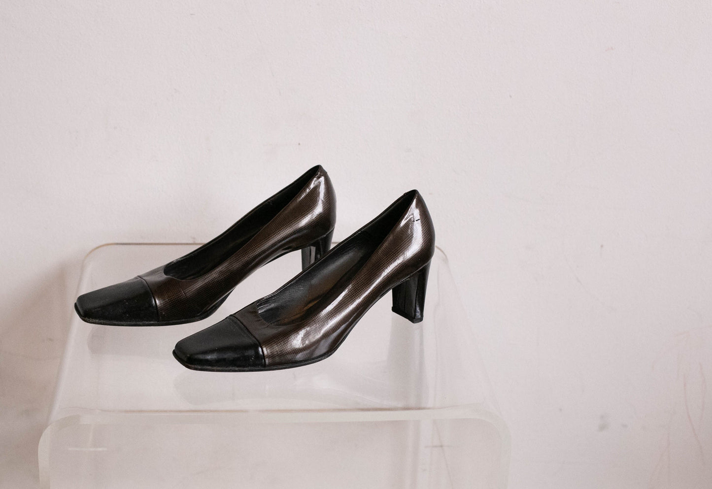 Vintage Franco Visconti High Heels, Dark Grey Leather Designer Shoes EU 38, Elegant Squared Toe Pumps with 6 cm Heel