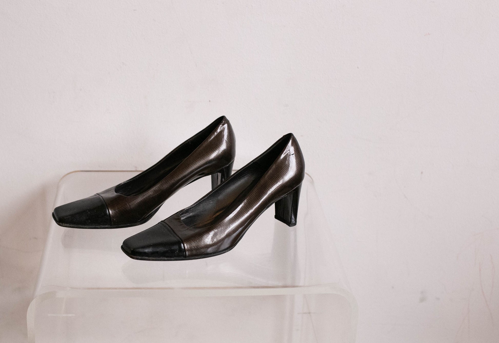Vintage Franco Visconti High Heels, Dark Grey Leather Designer Shoes EU 38, Elegant Squared Toe Pumps with 6 cm Heel