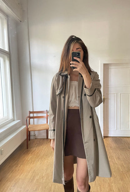 Vintage Tan Trench Coat with Leather Details, Mid-Century Modern Outerwear