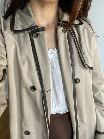 Vintage Tan Trench Coat with Leather Details, Mid-Century Modern Outerwear