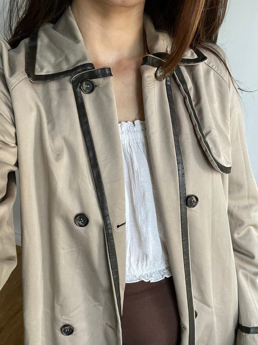 Vintage MCM Tan Trench Coat with Dark Leather Details, Designer Autumn Capsule Wardrobe Staple, Stylish Fall Outerwear