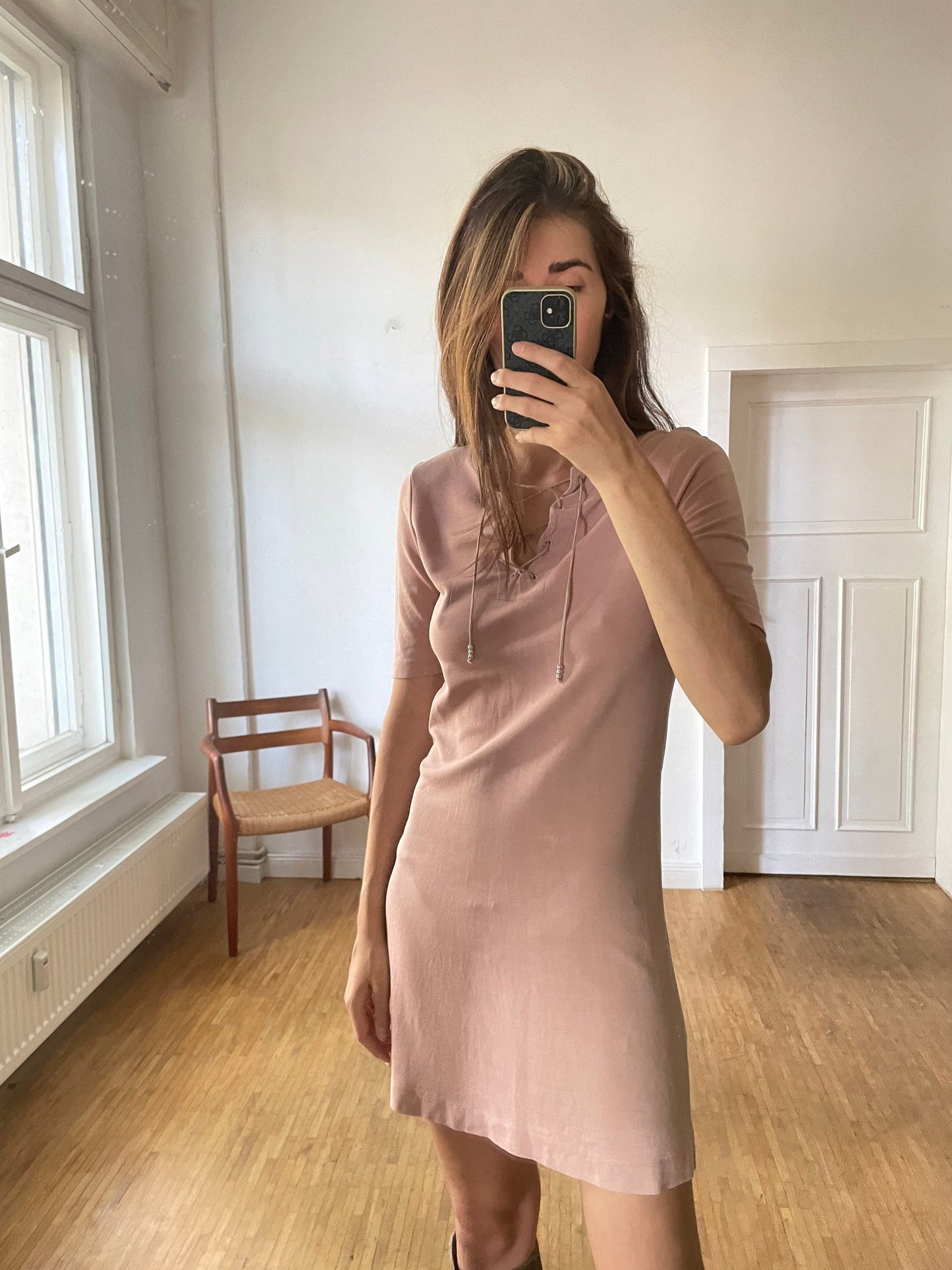 Vintage Drykorn A-line mini dress, Designer Summer clothing, Lightweight dusty pink short tunic dress,