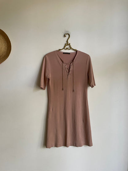 Dusty Pink 90s Drykorn A-Line Mini Dress with Lace-Up Neckline