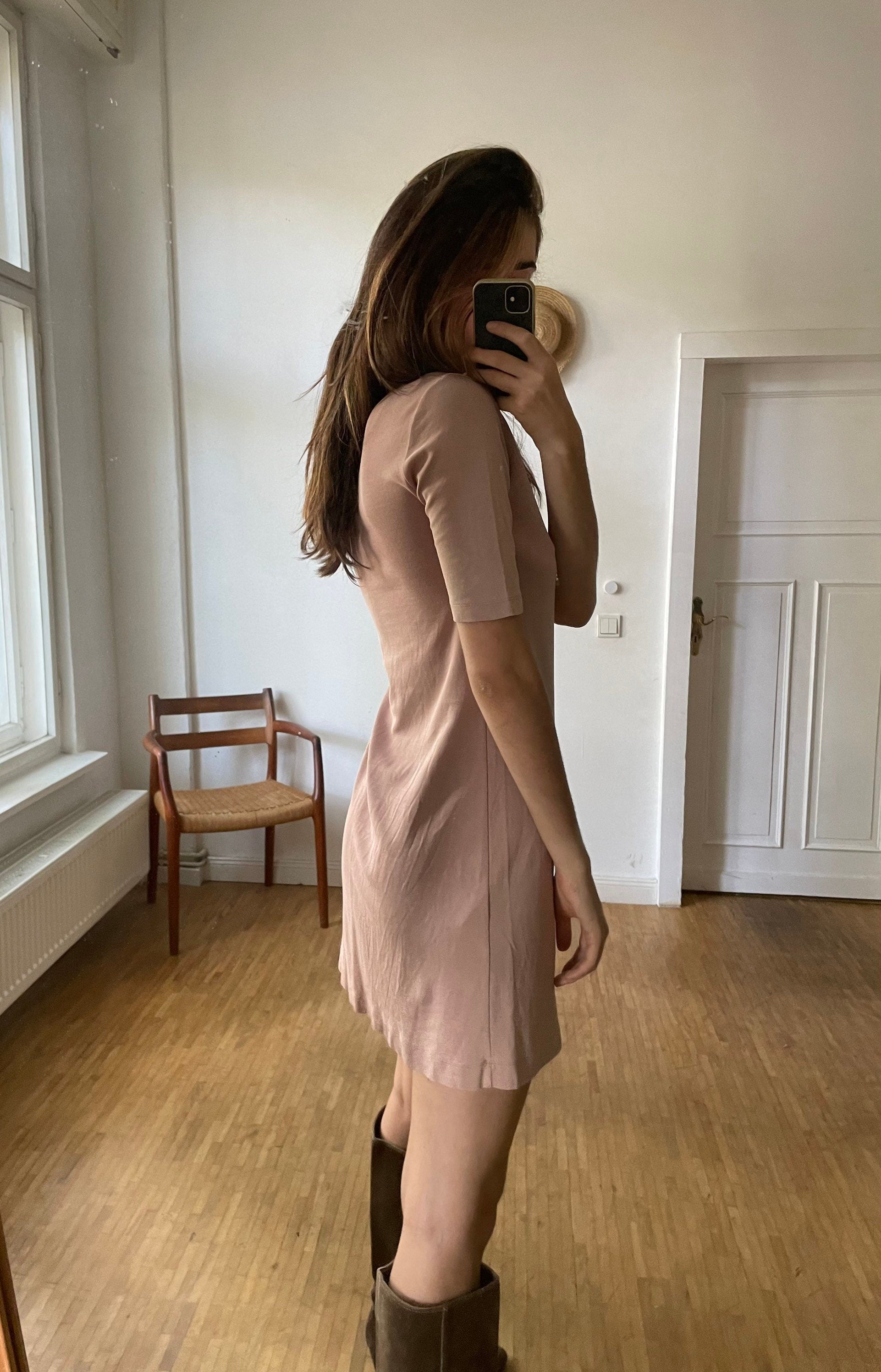 Vintage Drykorn A-line mini dress, Designer Summer clothing, Lightweight dusty pink short tunic dress,