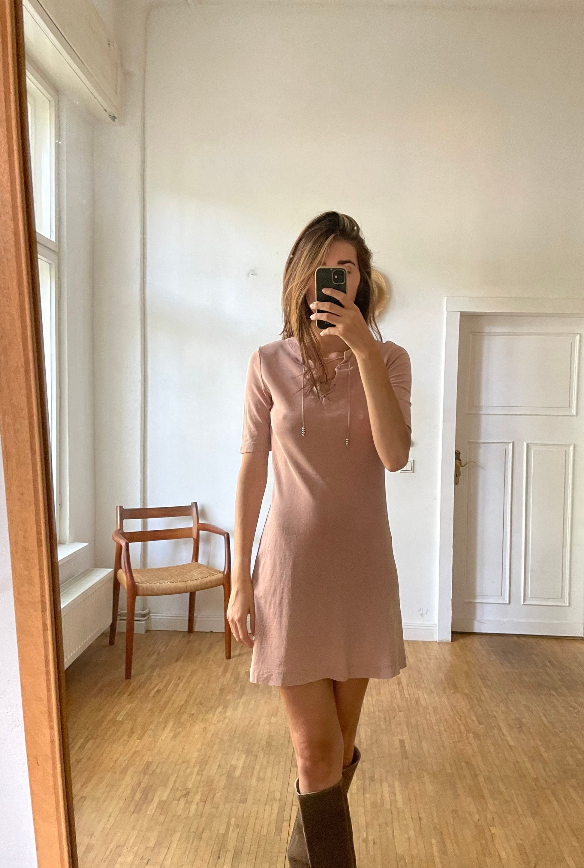 Vintage Drykorn A-line mini dress, Designer Summer clothing, Lightweight dusty pink short tunic dress,