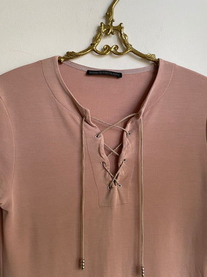 Dusty Pink 90s Drykorn A-Line Mini Dress with Lace-Up Neckline