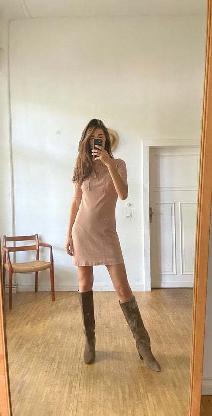 Dusty Pink 90s Drykorn A-Line Mini Dress with Lace-Up Neckline