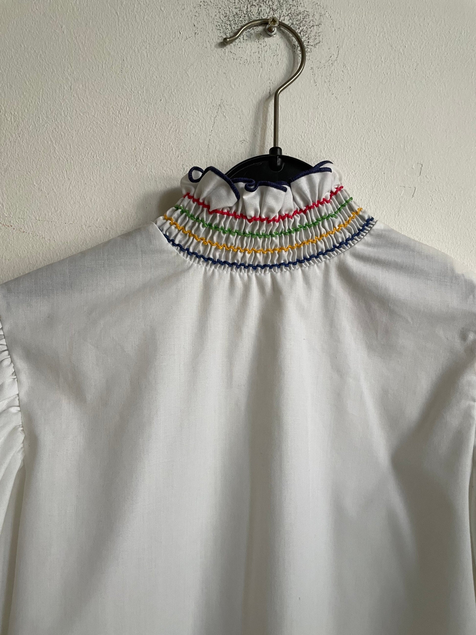 Hungarian Folk Blouse Vintage Puff Sleeve Top with Striped Embroidery, Romantic Cottagecore Vyshyvanka Ukrainian Embroidered Shirt