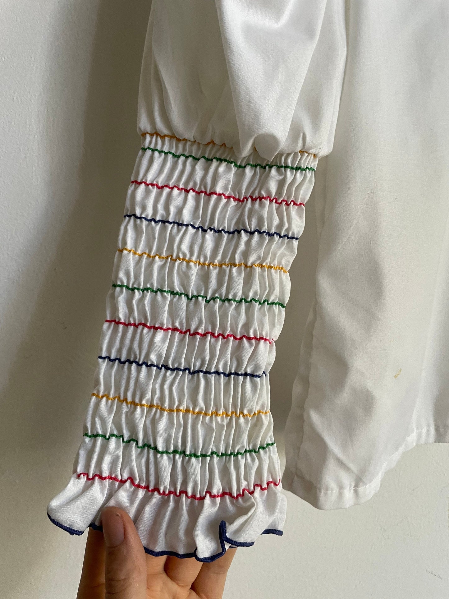 Hungarian Folk Blouse Vintage Puff Sleeve Top with Striped Embroidery, Romantic Cottagecore Vyshyvanka Ukrainian Embroidered Shirt