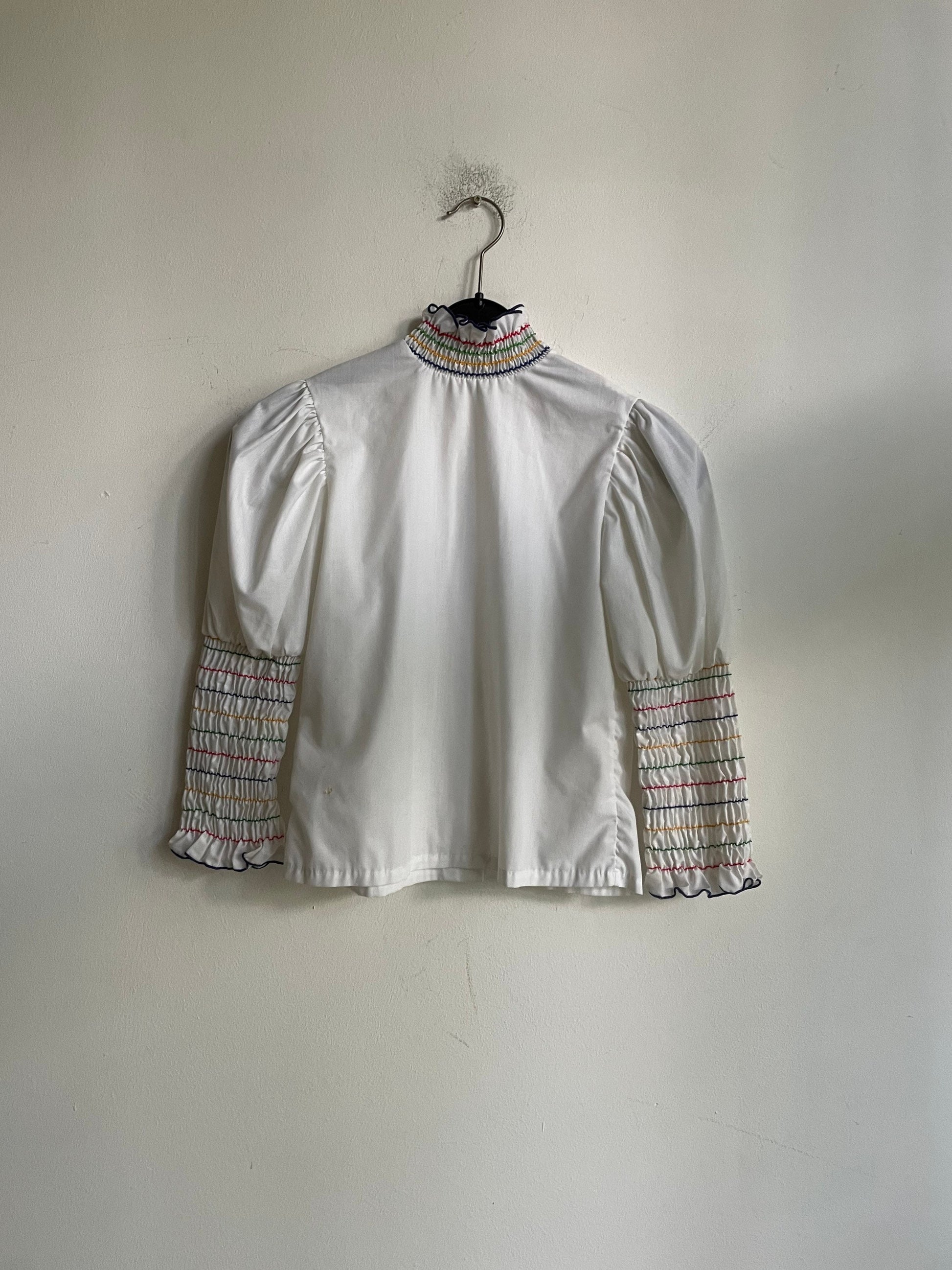 Hungarian Folk Blouse Vintage Puff Sleeve Top with Striped Embroidery, Romantic Cottagecore Vyshyvanka Ukrainian Embroidered Shirt