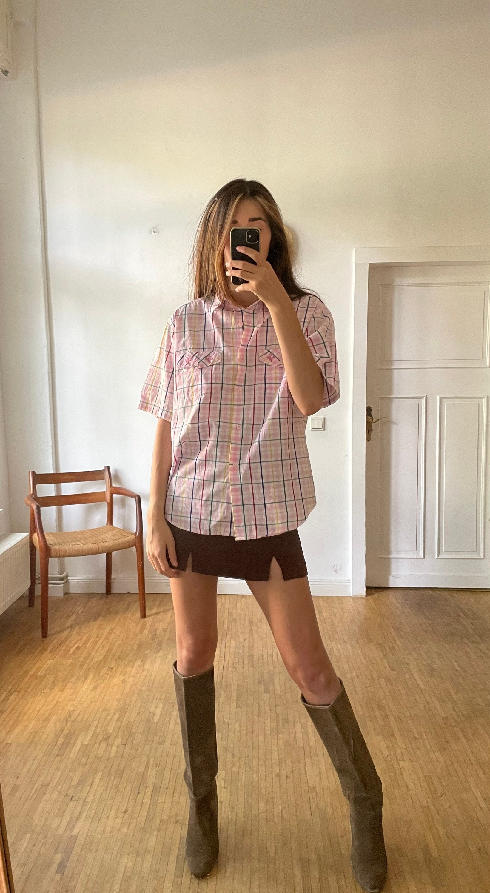 Vintage Pink Checkered Blouse XL, Short Sleeve Plaid Summer Shirt, Light Academia Prairie Top, Cute Button-Up Picnic Shirt for Women