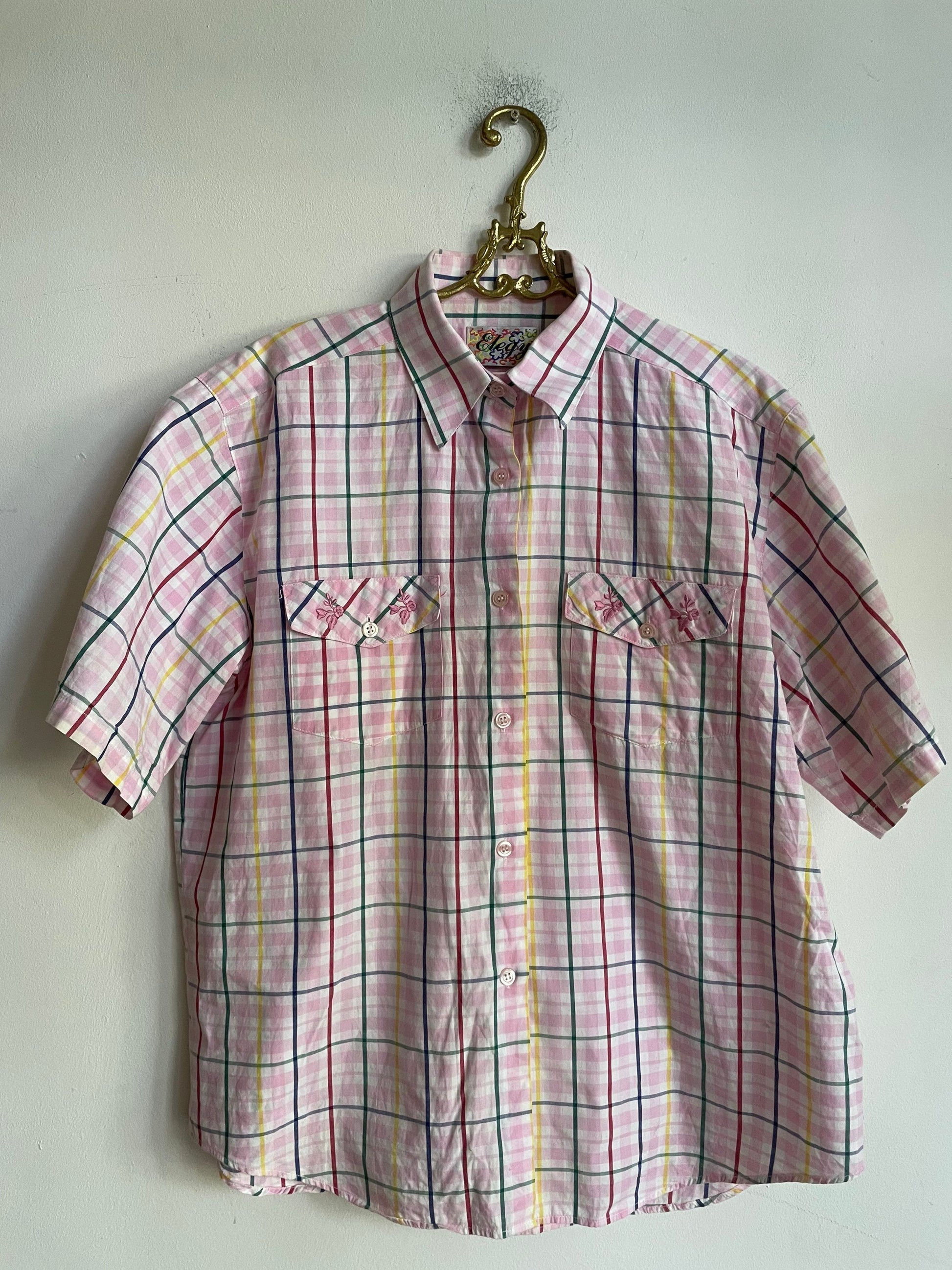 Vintage Pink Checkered Blouse XL, Short Sleeve Plaid Summer Shirt, Light Academia Prairie Top, Cute Button-Up Picnic Shirt for Women