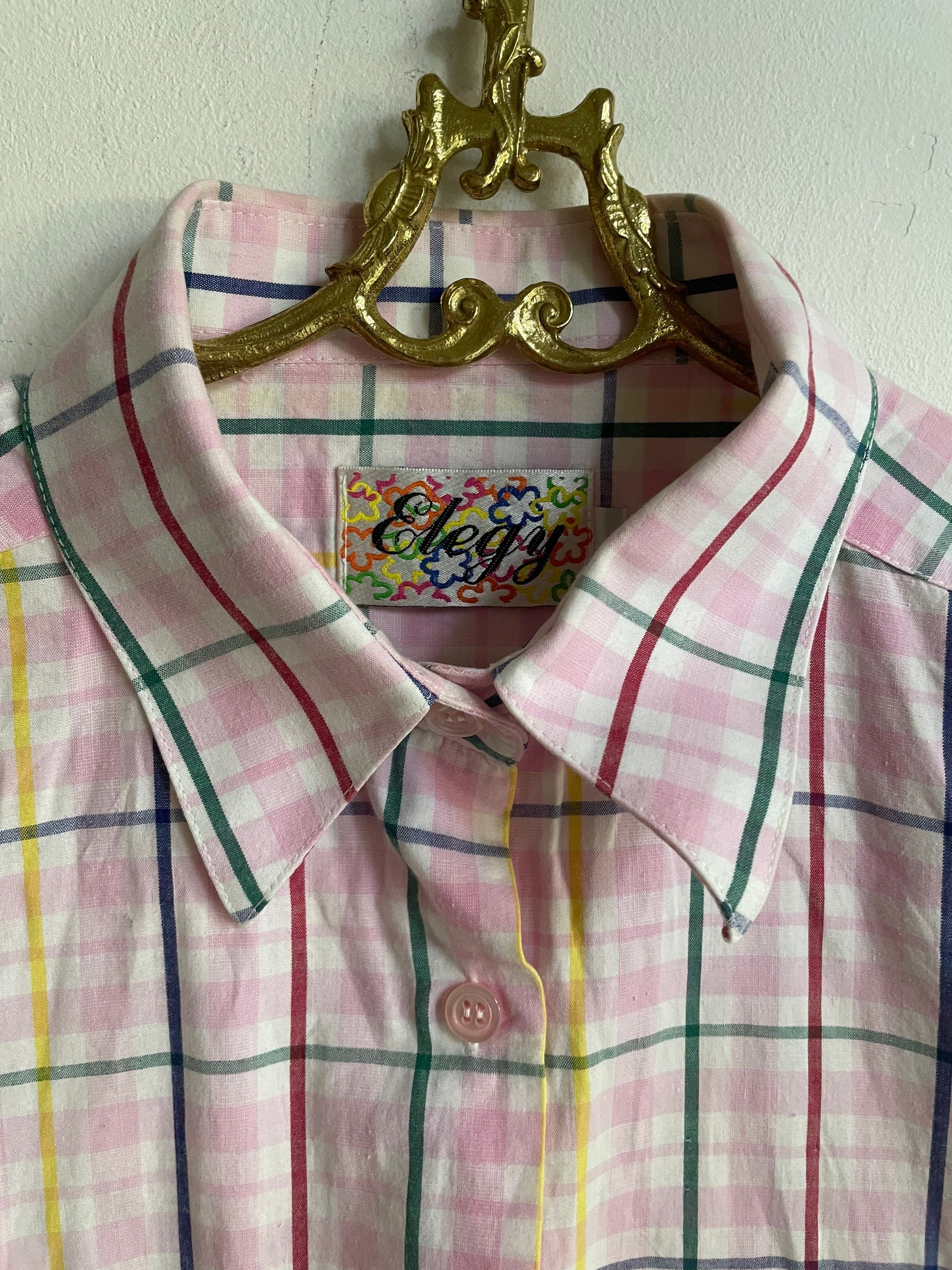 Vintage Pink Checkered Blouse XL, Short Sleeve Plaid Summer Shirt, Light Academia Prairie Top, Cute Button-Up Picnic Shirt for Women
