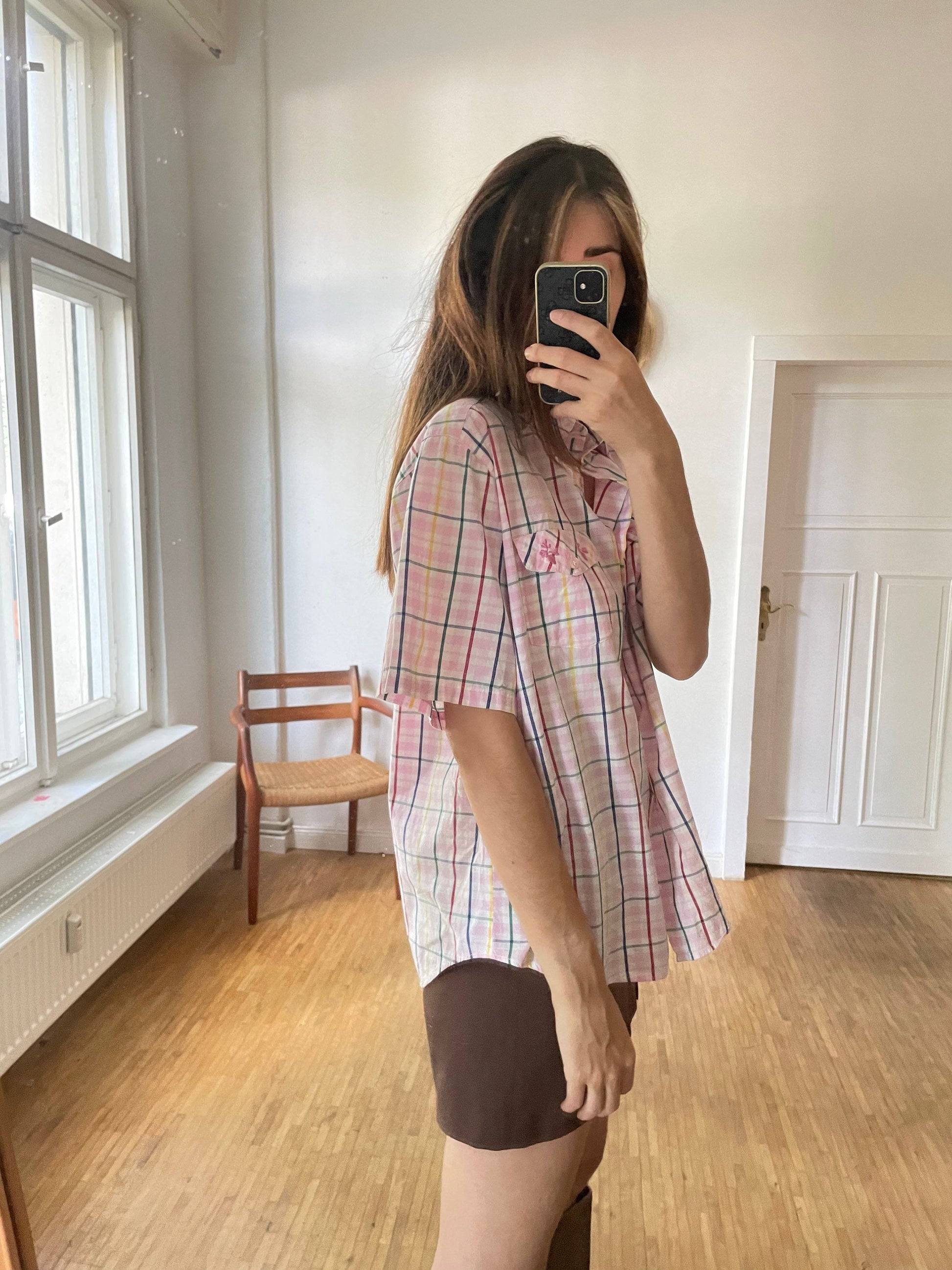 Vintage Pink Checkered Blouse XL, Short Sleeve Plaid Summer Shirt, Light Academia Prairie Top, Cute Button-Up Picnic Shirt for Women