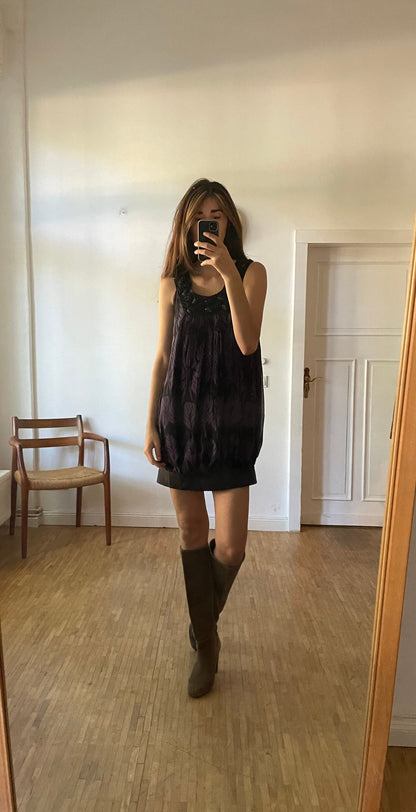 Purple Silk Patrizia Pepe bubble dress, Vintage designer embellished mini dress, Cute short dress, Formal dress with embellishments, S - M