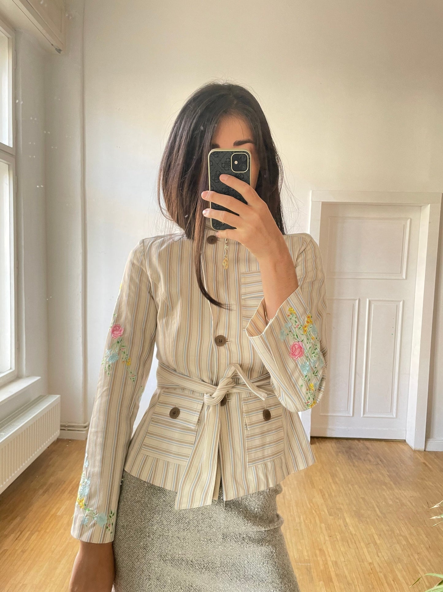 Striped Floral Embroidered Summer Blazer — back view