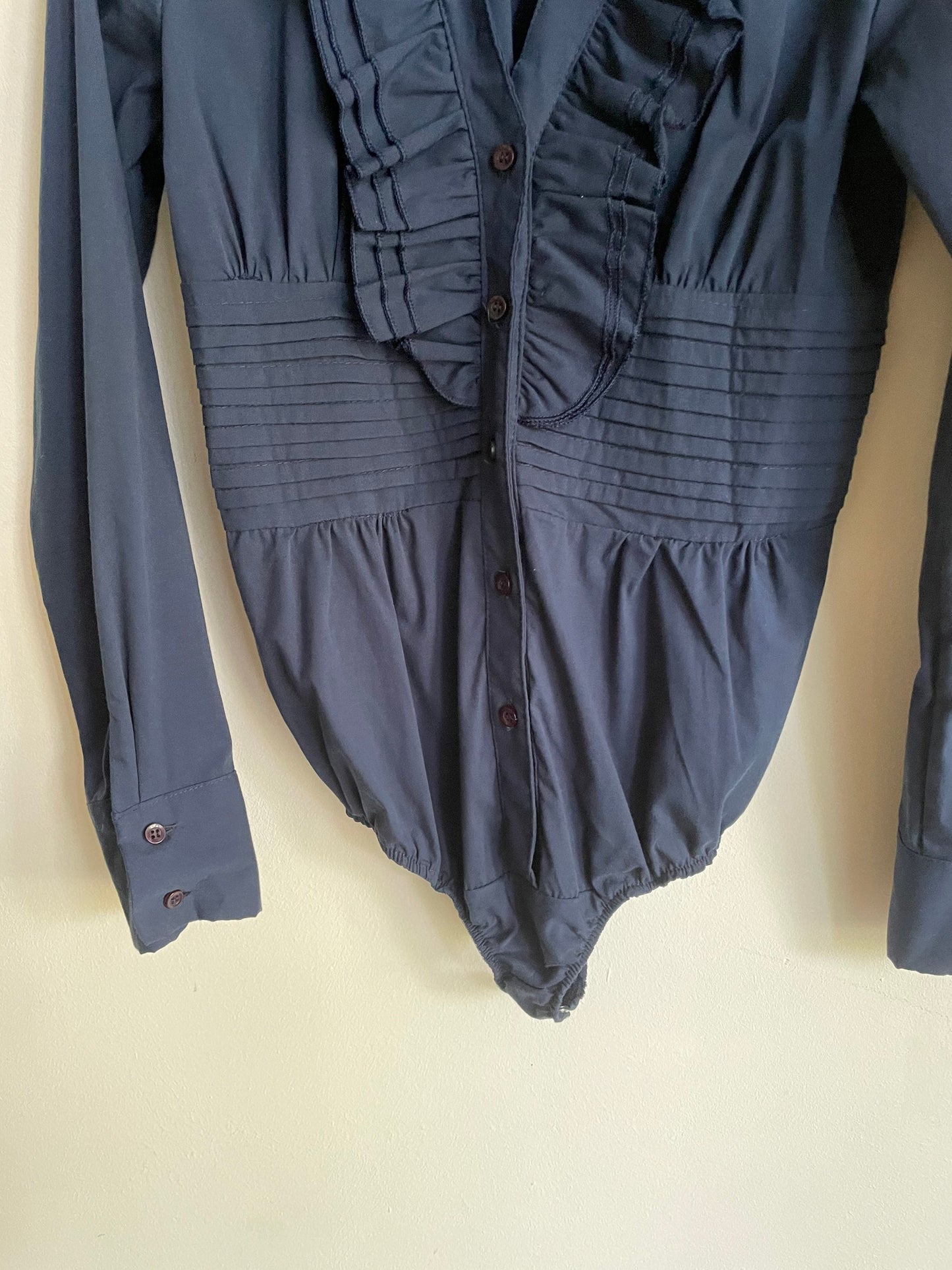 Elegant ruffled bodysuit with long sleeves, Dark blue classic body, Dark academia elegant long sleeve shirt,