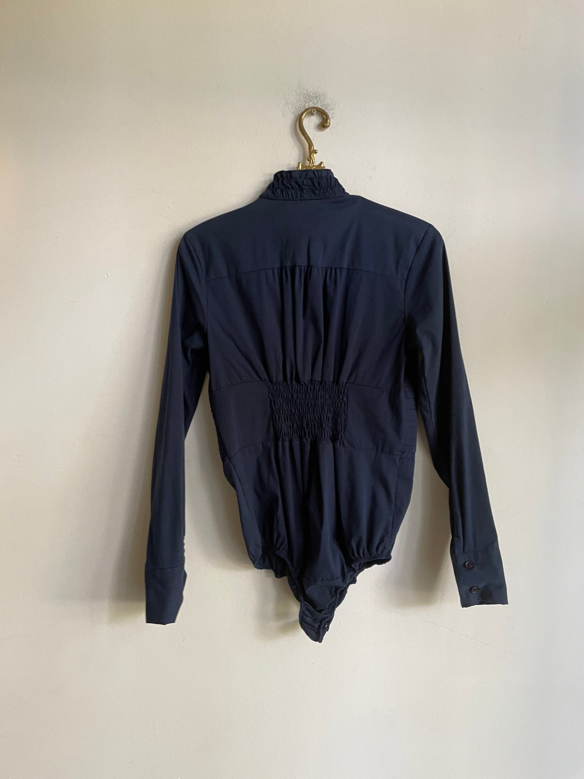 Elegant ruffled bodysuit with long sleeves, Dark blue classic body, Dark academia elegant long sleeve shirt,
