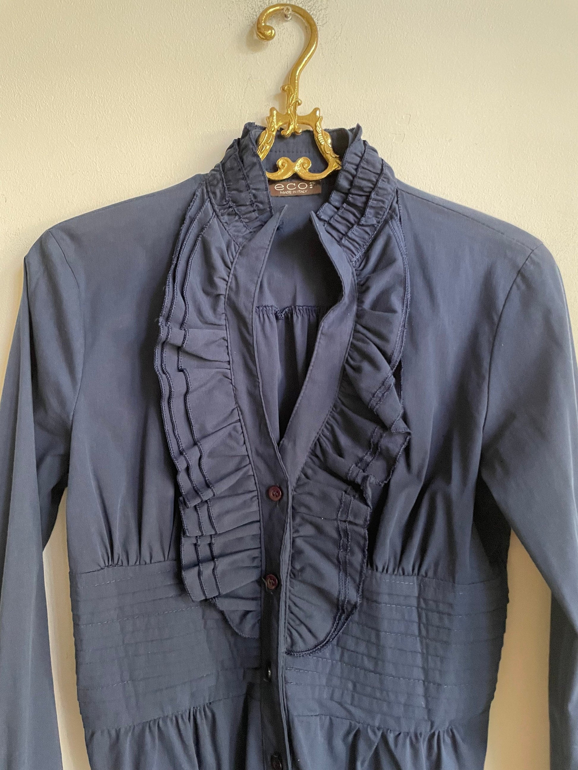 Elegant ruffled bodysuit with long sleeves, Dark blue classic body, Dark academia elegant long sleeve shirt,