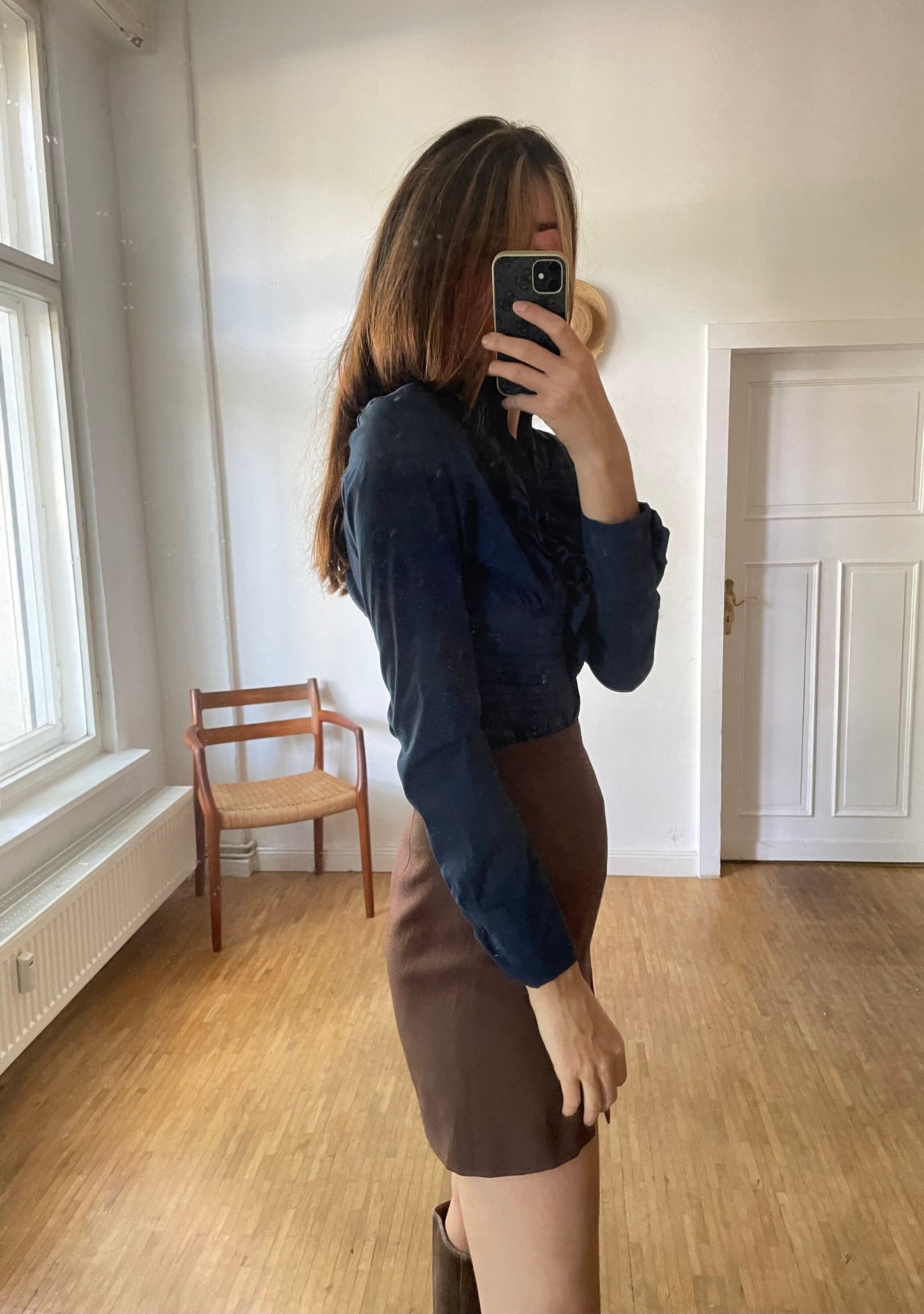 Elegant ruffled bodysuit with long sleeves, Dark blue classic body, Dark academia elegant long sleeve shirt,