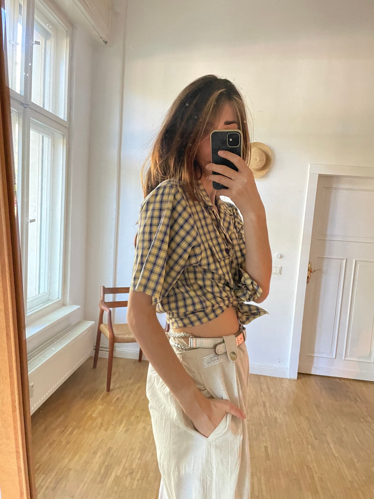 Vintage Plaid Blouse Women’s Cotton Summer Shirt, Light Academia Oversized Prairie Button-Up, Yellow & Black Checkered Top, Size M/L