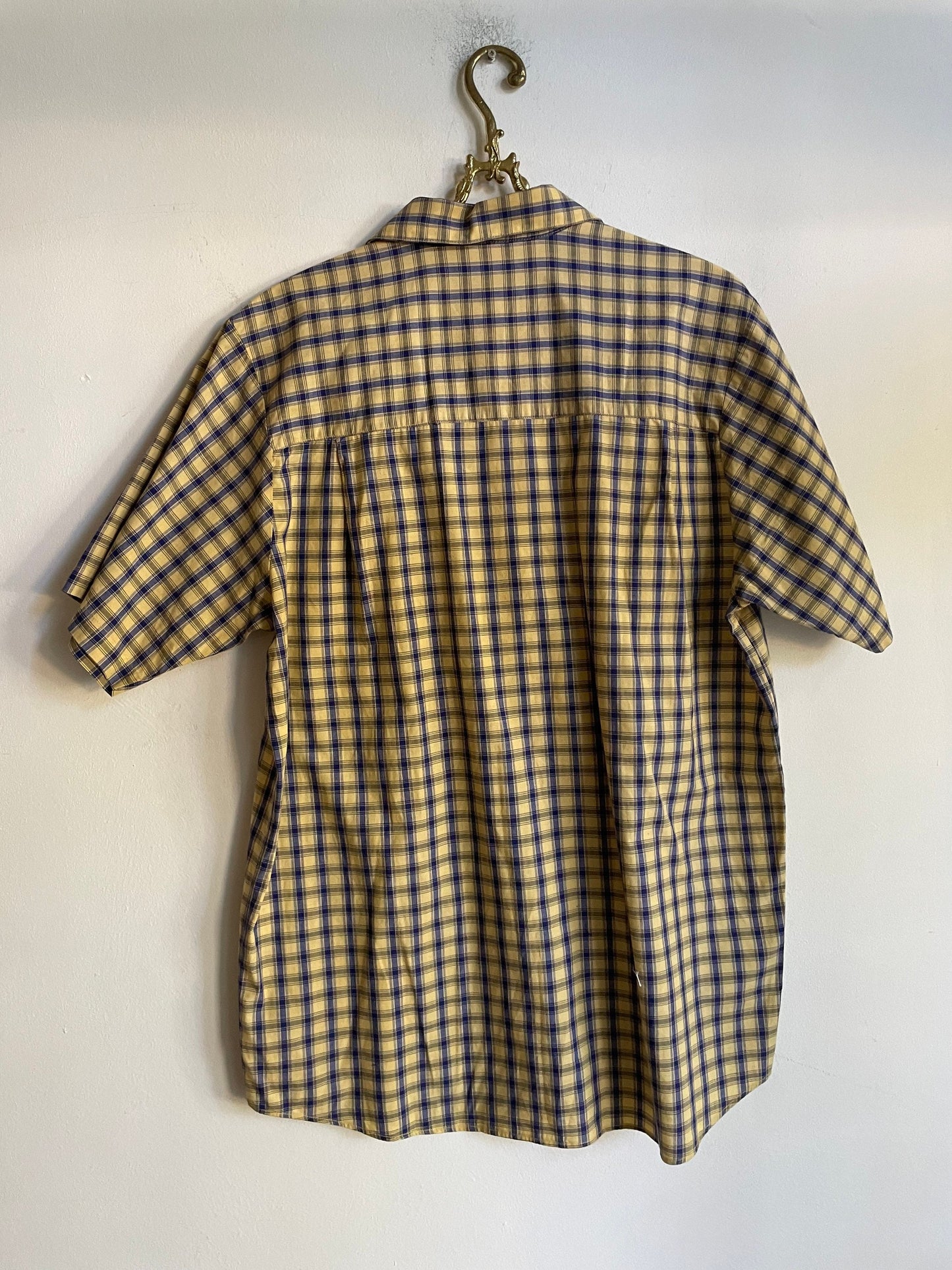 Vintage Plaid Blouse Women’s Cotton Summer Shirt, Light Academia Oversized Prairie Button-Up, Yellow & Black Checkered Top, Size M/L