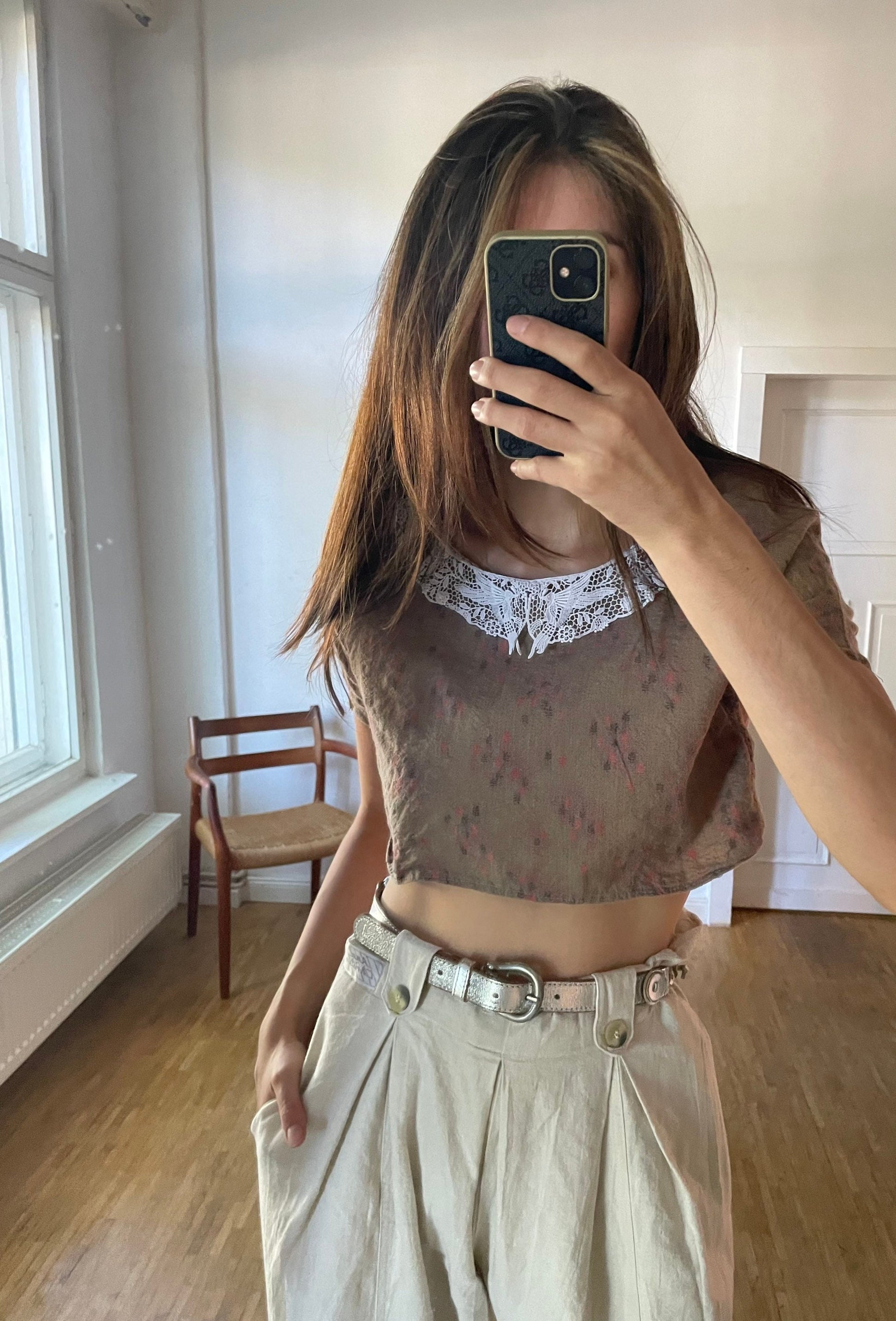 Cottage core romantic lace and wool crop top, Sweet handmade summer blouse, Feminine Woman farm core blouse, XXS - XS
