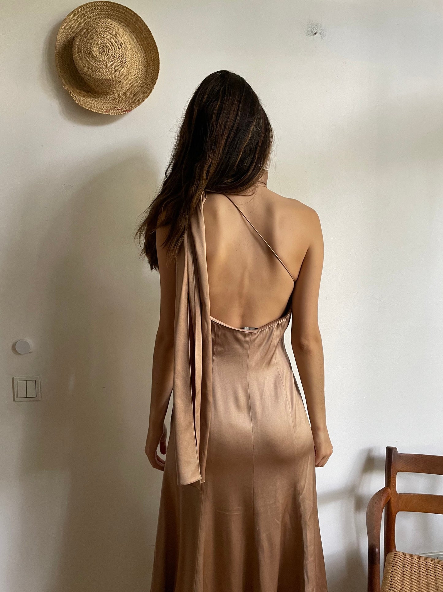 Giorgio Armani rose gold silk dress – one shoulder vintage designer gown, fit & flare, formal backless evening wear, IT 42 / S-M