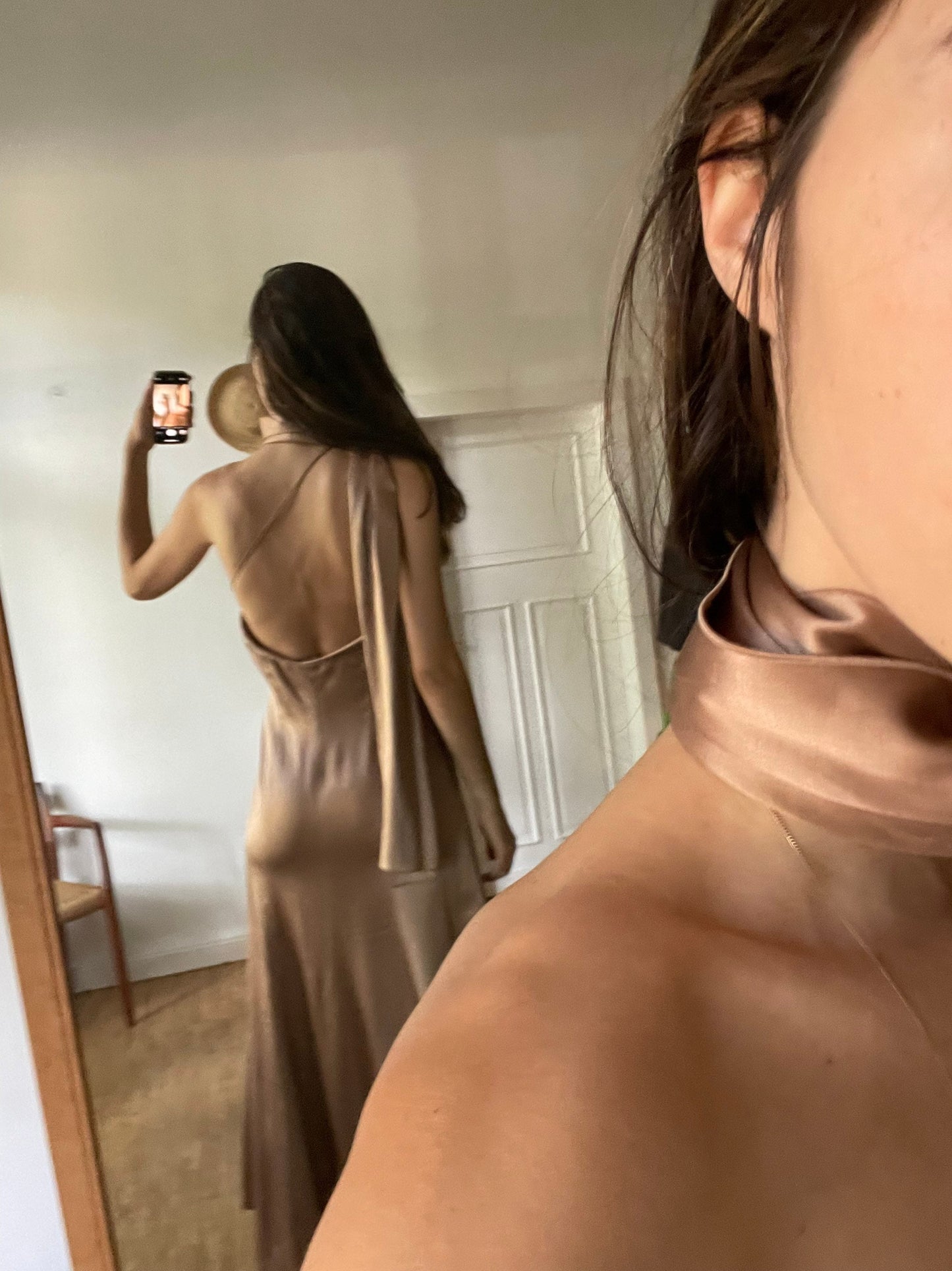 Giorgio Armani rose gold silk dress – one shoulder vintage designer gown, fit & flare, formal backless evening wear, IT 42 / S-M