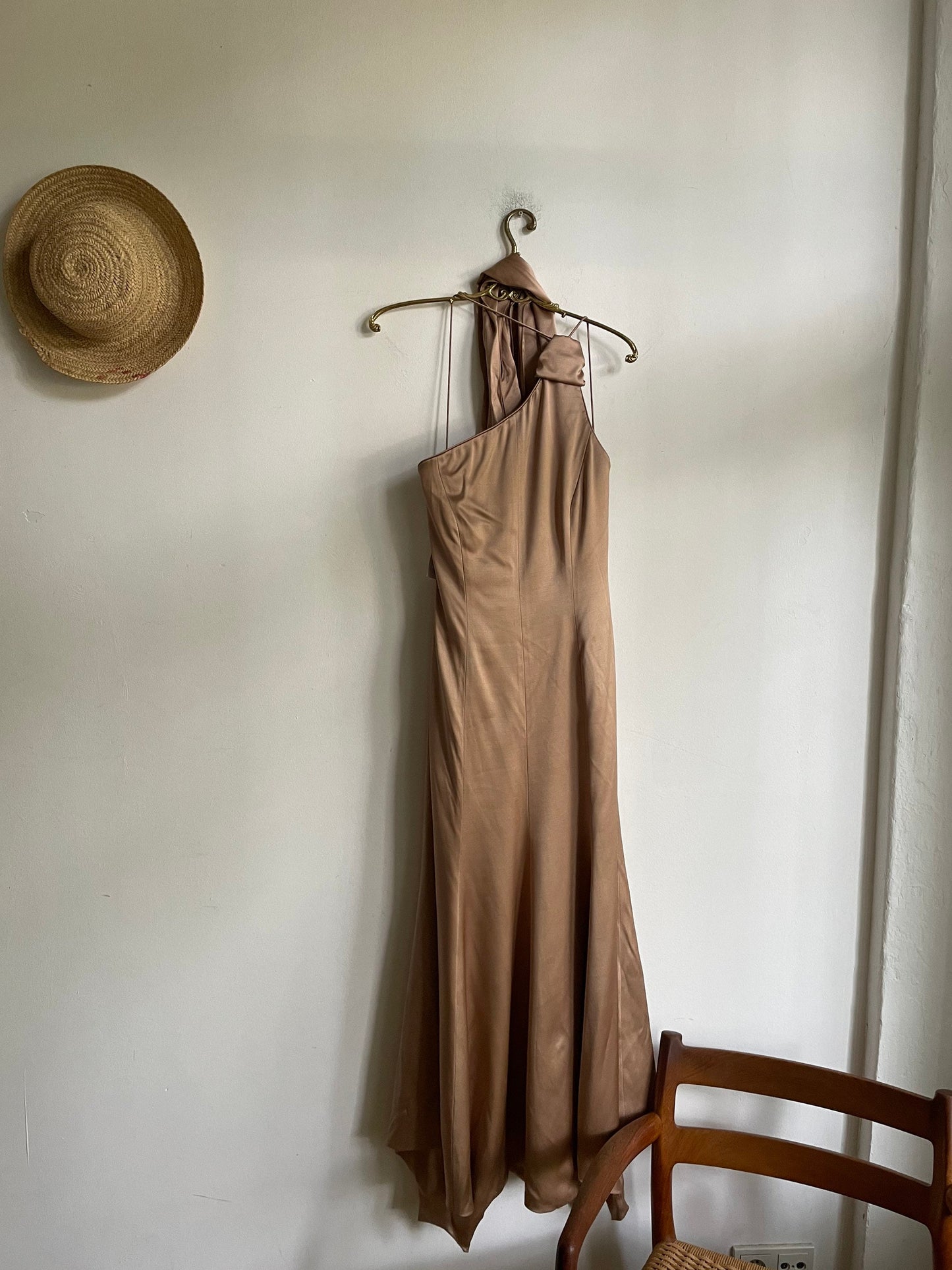 Giorgio Armani rose gold silk dress – one shoulder vintage designer gown, fit & flare, formal backless evening wear, IT 42 / S-M
