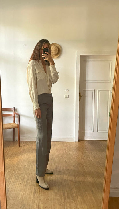 Grey Linen Blend Wide-Leg Trousers — back view